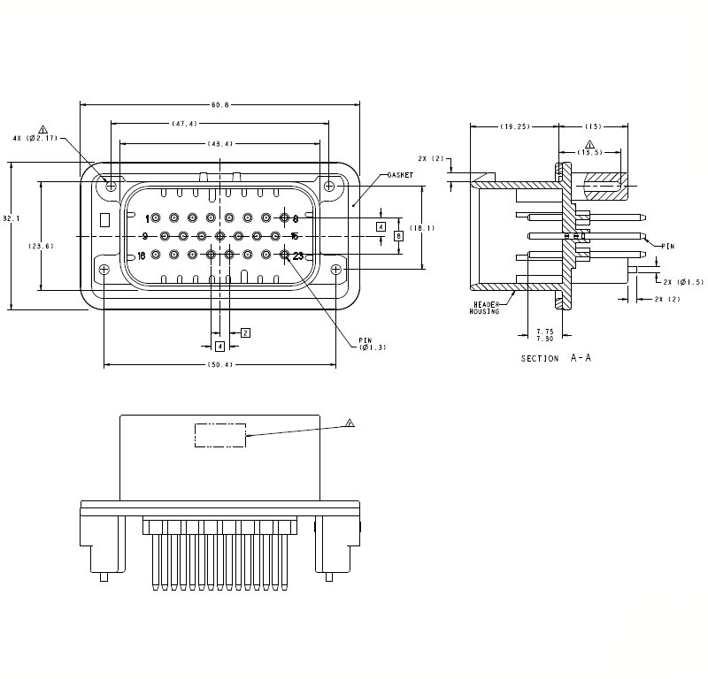 7762284 23 way pcb tyco amp connector