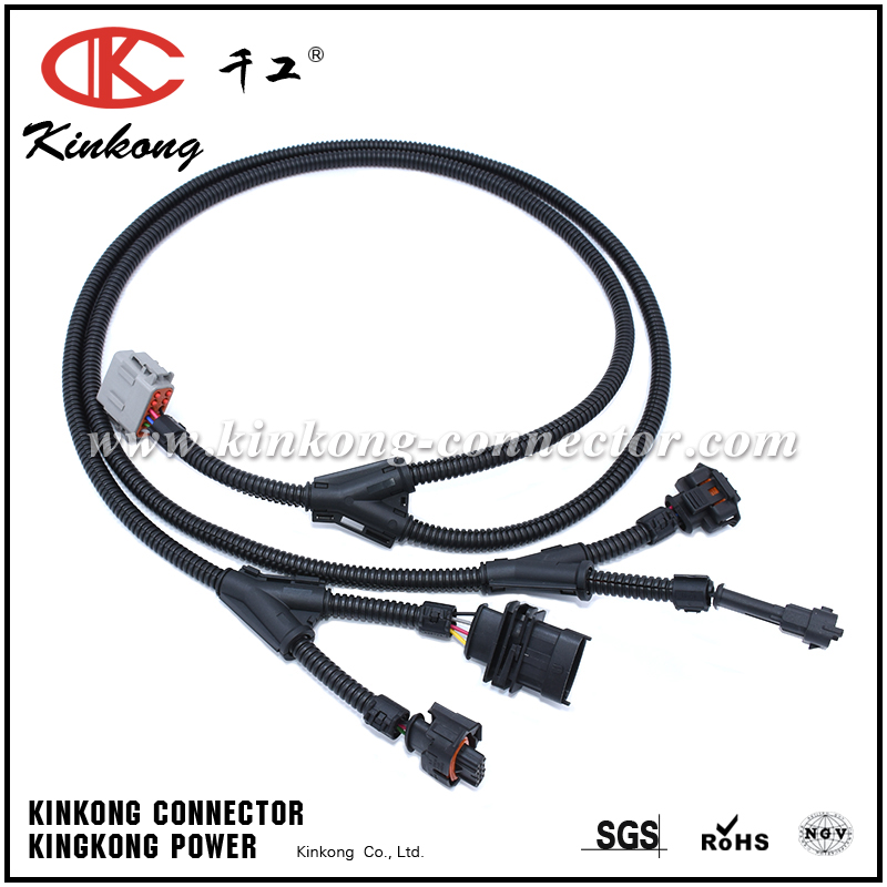 Automotive wiring harness with 6 pin Deutsch connector and Bosch